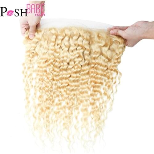 Honey Blonde Remy 613 Hair 13x4 Swiss Lace Frontal Closure Ear to Ear Free/Middle Part Pre Plucked Brazilian Deep Wave Frontal