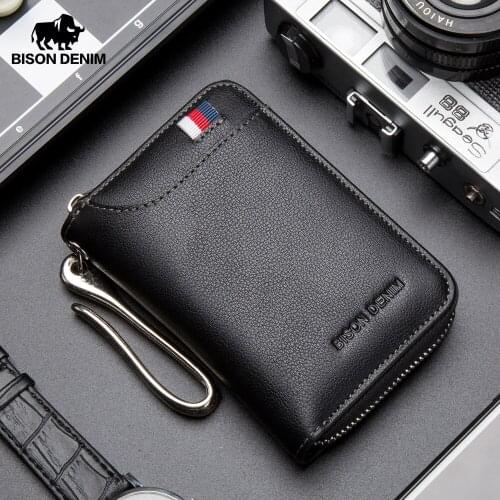 BISON DENIM fashion men key wallets genuine leather Male Car Keychain Cover Zipper Card Holder Wallet Key Organizer