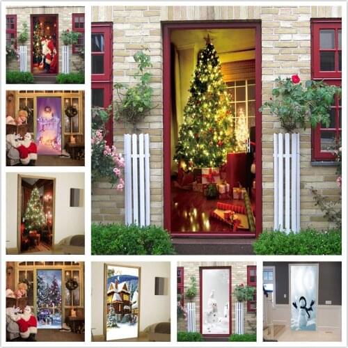 Christmas Tree Snowman Door Stickers Self-adhesive Removable Santa Claus Wallpaper For Living Room Bedroom Renew Festival Decal