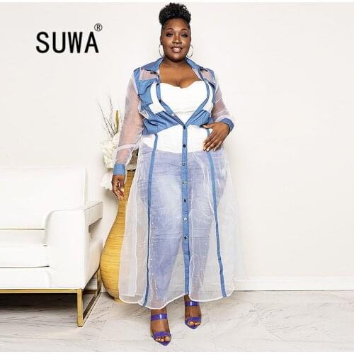 2020 new product see through mesh high street fashion 5xl plus size women coat long sleeve top long tunic