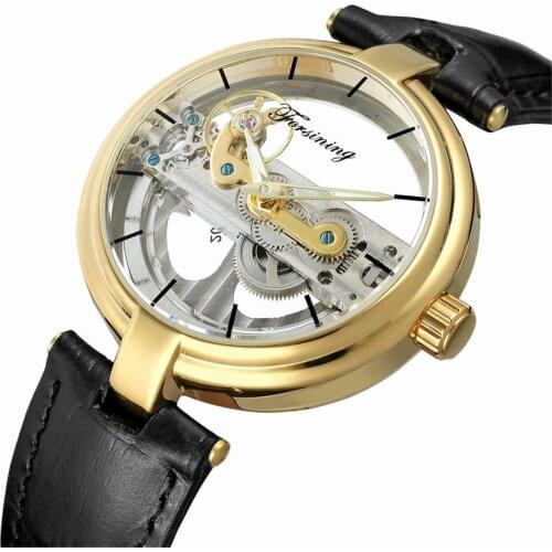 New FORSINING Brand Transparent Uhr Men Automatic Mechanical Watches Casual Male Sport Hollow Leather Strap Wristwatch