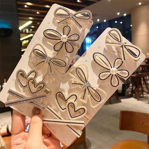 New Girls Floral Simple Rhinestone Barrette Hairpins Headwear Imitation Pearl Flower Bow Hairpin Hair Clips
