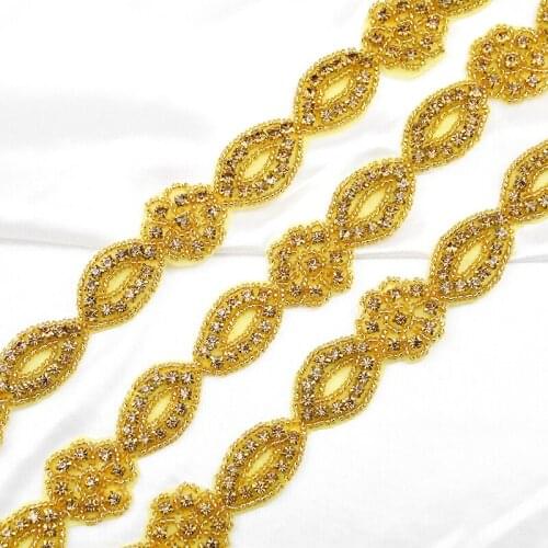 Popular Hand-made gold Beaded Rhinestone trimming For Wedding dress' s belt WRA-299
