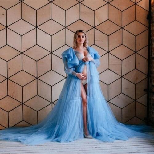 Blue Maternity Gowns for Photoshoot V Neck Ruffles Pluffy Women Maternity Dresses Babyshower Evening Party Wear