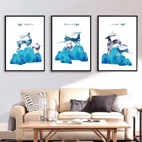 Nordic Poster Prints Abstract Painting Bear Poster Wall Art Canvas Print Deer Forest Blue Poster Wall Pictures for Living Room