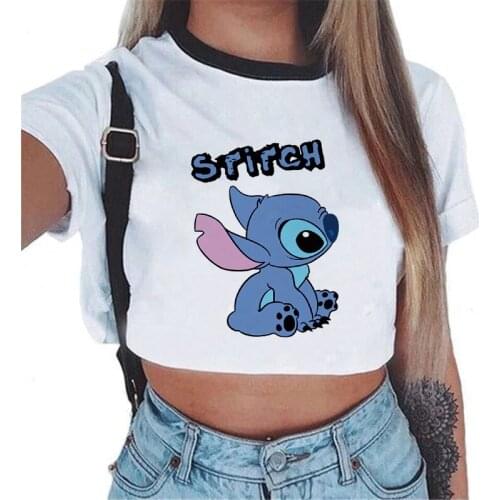 Stitch Women Print Crop Tee Short Sleeve Crop Womens T-shirt Top Summer Harajuku Print Kawaii Women Tee Shirt Tops for Girls