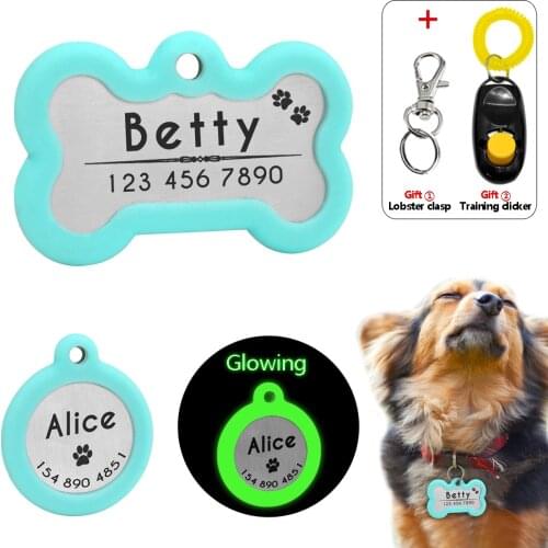 Luminous Personalized Dog ID Tag Stainless Steel Customised Dog Tags Free Engraving Glowing Pet Nameplate Training Clicker Gift