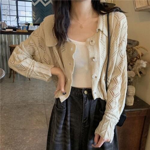 Spring new shirt loose thin retro fashion Top hollow out knit sweater sweater long sleeve jacket women shirt 02-TE-lkzzwt