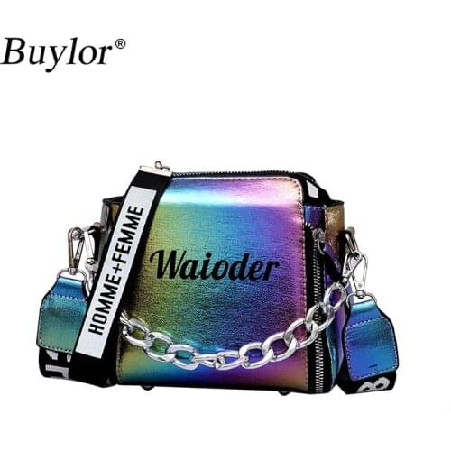 Buylor Female Shoulder Bag Laser Letters Women Handbag Wide Shoulder Strap Ladies Messenger Bag PU Bucket Bag