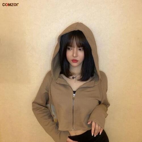 Korean short hooded hoodies women long sleeve crop top streetwear sweatshirt zipper autumn INS fashion coats woman hoodie