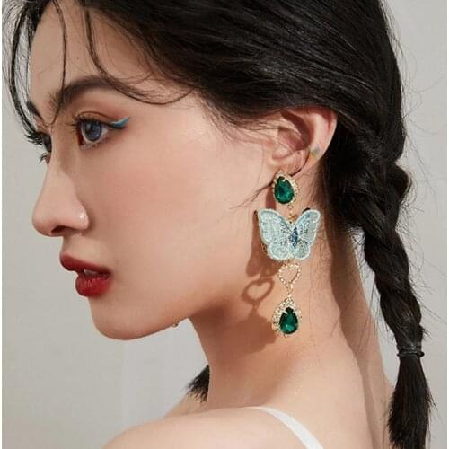 Korean Vintage Personality Green Embroidery Butterfly Waterdrop Crystal Drop Earrings For Women Fashion Pendientes Party Jewel