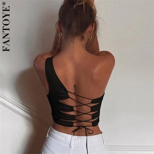 FANTOYE Women Sexy One-shoulder Backless Bandage Camis Summer Solid Skinny Crop Tops Female Black Slim Nightclub Tank Top 2020
