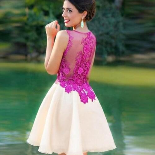 Elegant Appliques Fuchsia Short Above Knee Mini Satin Sleeveless Scoop Formal Homecoming Dresses Prom Dresses Gowns