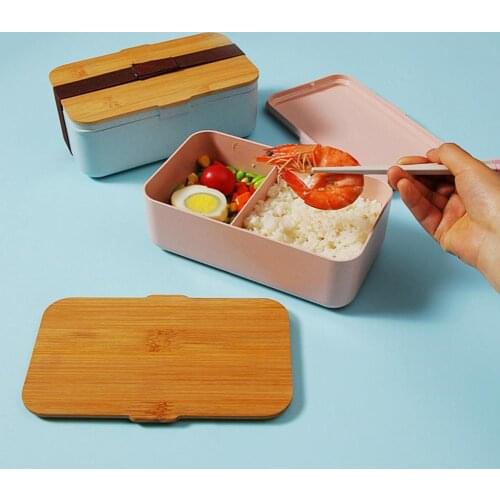 Safe Portable Leak-Proof Microwave Oven Grid Bento Lunch Box Durable Bamboo Fiber Food Storage Container With Bandage
