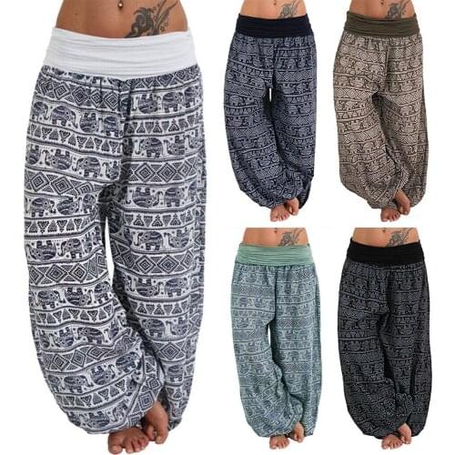 Fashion Summer Women Cotton Boho Elephant Print Low Waist Long Pants Loose Baggy Bloomer Trousers Female Harem Pants