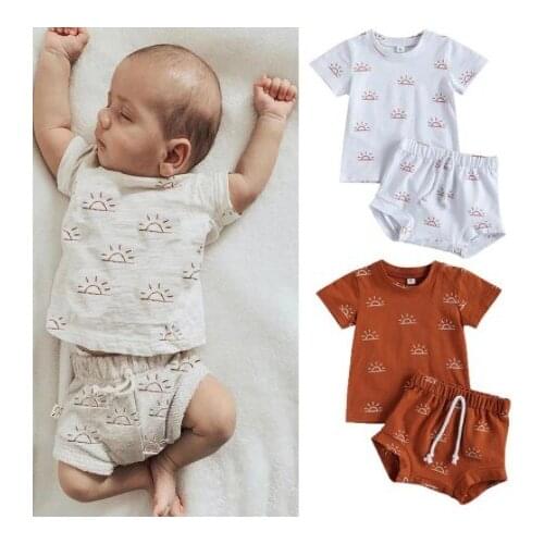 0-3Y Newborn Baby Boy Girl Clothes Sets Short Sleeve Sun Print Cotton T-shirt Tops Shorts Bottom 2PCS Outfits Summer