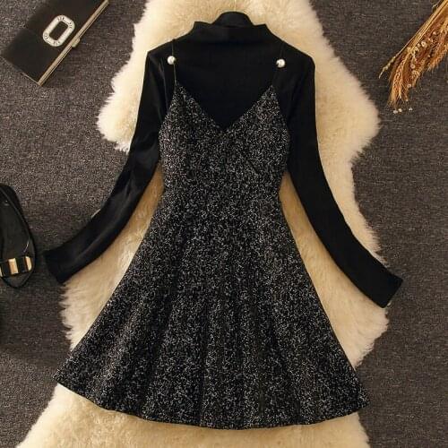 Black knitwear suspender bright silk dress set 2-piece new autumn and winter Korean version simple waist slim A-line skirt