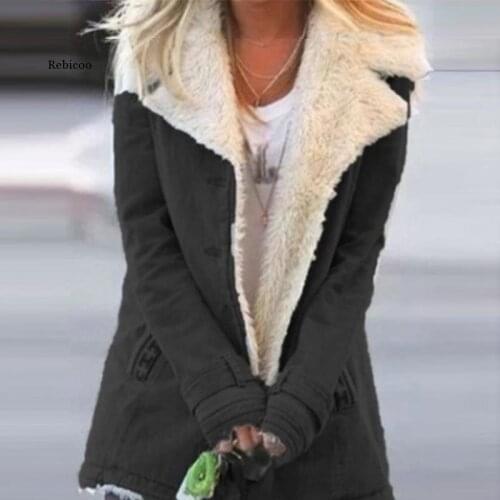 Women Warm Cotton Thick Jacket Autumn Winter Turn-Collar Pocket Outerwear Casual Solid Single Breasted Long Sleeve Coat Tops 5XL