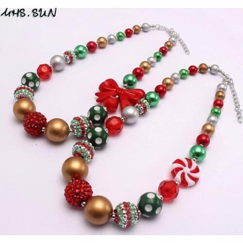 MHS.SUN New 1PC Charming Girls Christmas Jewelry Chunky Bubblegum Beaded Necklace DIY Kids Baby Bowknot Chokers For Party Gifts