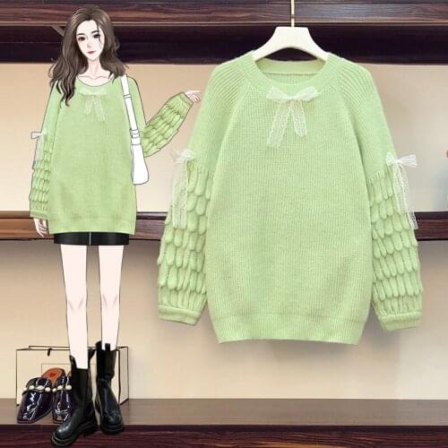Green White Bow Plus Large Size Oversize Korean Style Fashion Pullovers For Autumn WomenS Clothing Ladies Sweater 2021 Tops