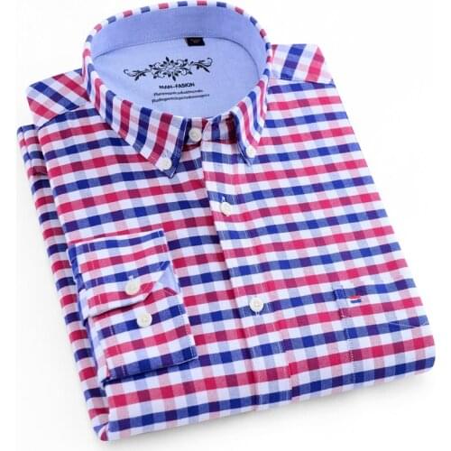 Mens Casual Long Sleeve Plaid Striped Oxford Shirt Single Patch Pocket with Box-pleated Back Yoke Button Down Checkered Shirts