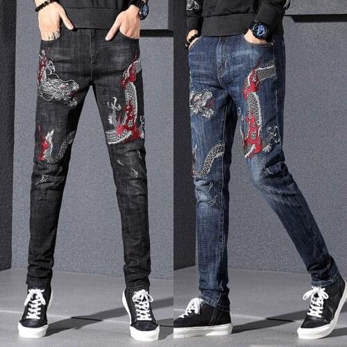 Mens Chinese dragon embroidery blue jeans luxury trendy slimming men’s denim pants high quality casual black jeans pants