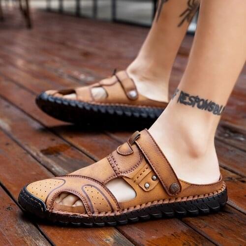 New mens summer sandals, hand-stitched sandals and slippers dual-use large size outdoor breathable mens shoes