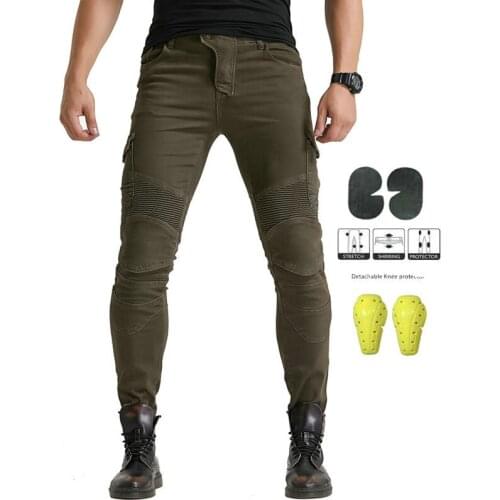 Mens Skinny Stretch Motorcycle Moto Pants Metal Double Zipper Pants Slim Protective Gear Trousers