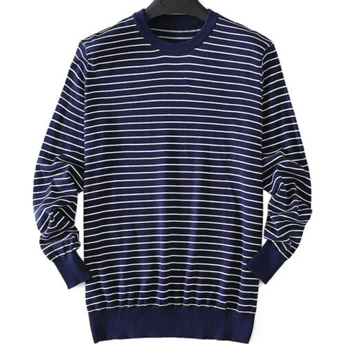 ZHILI Mens Blue Striped Pullover Sweater 100% Cotton