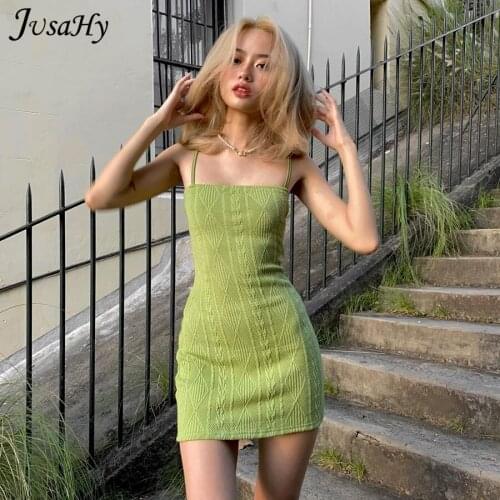 JusaHy New Fashion Fresh Green Elegant Strap Mini Dress Summer 2021 Knit Stretch Slim Casual Streetwear Office Lady Dresses Hot