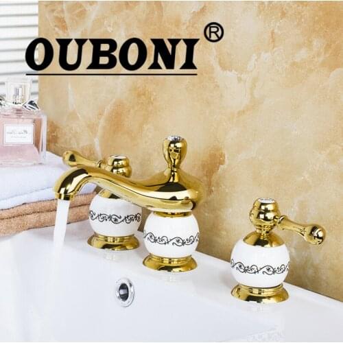 OUBONI European Design Bathroom Faucet Deck Mounted Polished Golden 3PCS Set Bathtub Luxury Shower Basin Mixer Tap Faucet