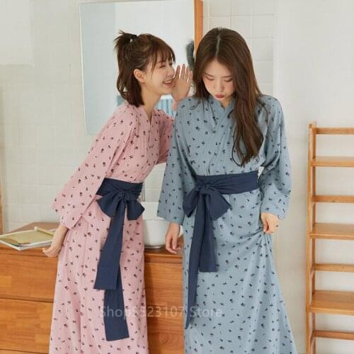 Japanese Style Kimono Sleepwear Long Sleeve Flower Print Cardigan Yukata Women Retro Homewear Pajamas Elegant NightGown Belt