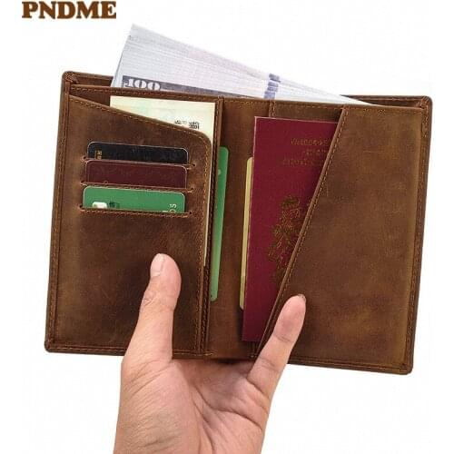 Simple vintage natural crazy horse cowhide mens passport bag high quality genuine leather womens minimalist card holder wallet