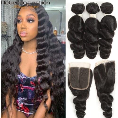 Rebecca Remy Loose Wave Brazilian Human Hair 3 Bundles With Closure 4x4 Brazilian Loose Wave With Lace Closure