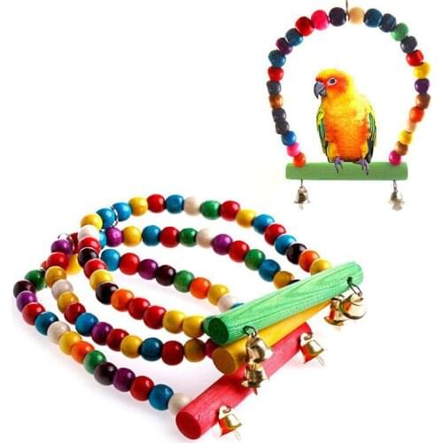 Multicolor Beads Swing Wooden Parrots Swing Parrot Bird Perch Hanging Swing Case with Bells Parrot Hammock Supplies