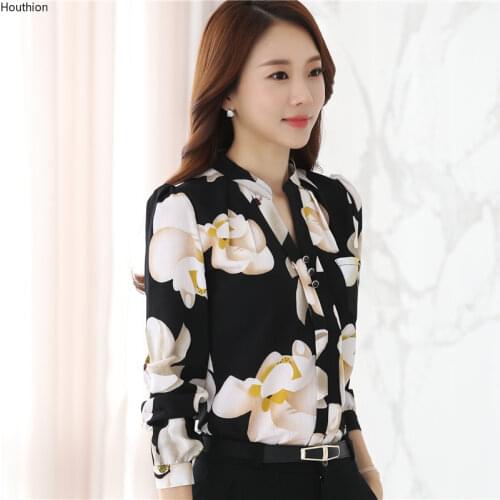 Houthion Chiffon Womens Blouses Fashion Casual Shirt New Korean Style Long-sleeved Top Printed Blouse Buttons Full V-Neck