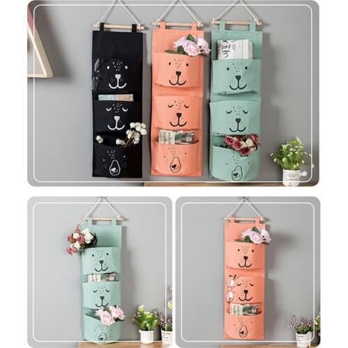 3 Pockets Cute Wall Mounted Storage Bag Closet Organizer Clothes Hanging Storage Bag Children Room Pouch Home Decor