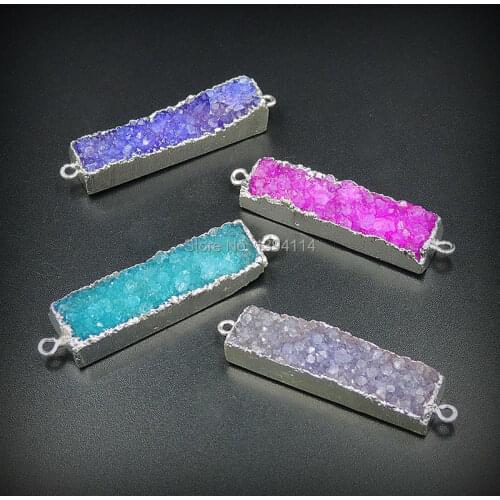 Mixed Color Crystal Druzy Rectangle Connectors Of Cladding Silve r Approx 40*10 mm