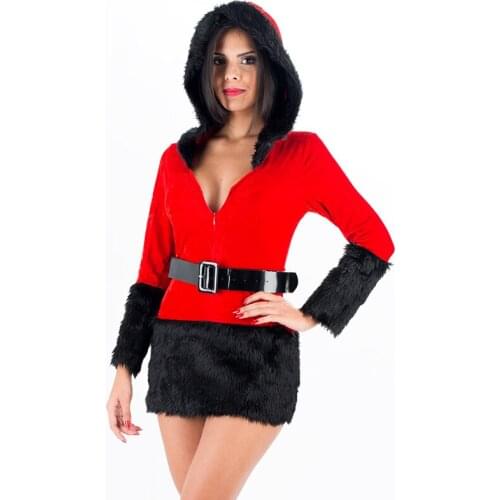 Sexy Ladies Miss Santa Dress Christmas Festival Costume for Adult Sexy Fancy Black Velvet Mini Hooded Dress Santa Claus Outfits