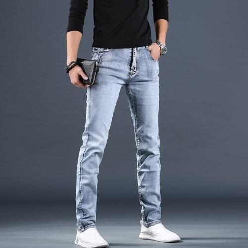 Light Blue Mens Jeans Summer New Casual Stretch Straight Slim Fit Denim Pants