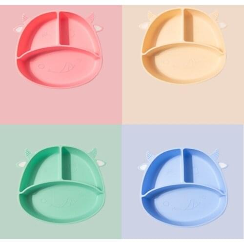 W3JF Food Grade Silicone Cartoon Cows Baby Divided Suction Bowl Slip-resistant Children Dinner Plate Learning Feeding Dish