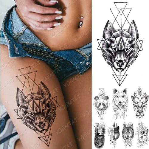 Waterproof Temporary Tattoo Sticker Line Geometry Fox Panda Wolf Tattoos Deer Flowers Body Art Arm Fake Sleeve Tatoo Women Men