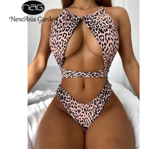 NewAsia Leopard Print Bathing Suit Women Hollow out Tie up Cross Sexy Low Cut High Waisted Swimsuit Casual Summer Beach Wear