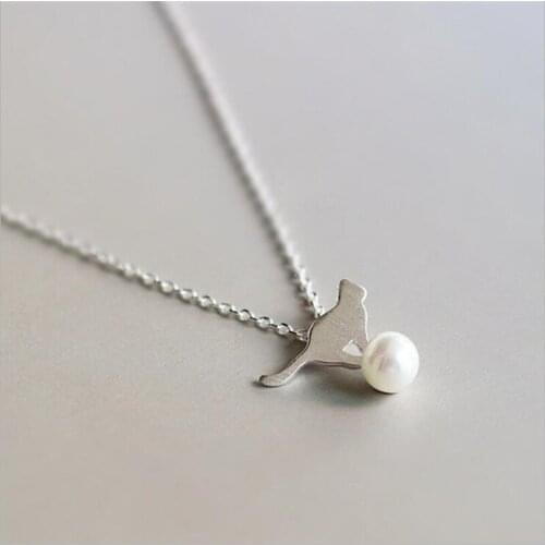 Elegant Brushed Cat with Pearl Pendant Necklace for Women Ladies 925 Sterling Silver Jewelry Korean Fashion Accessories SN240