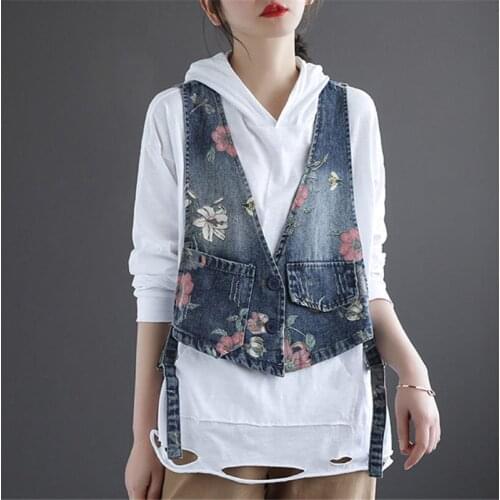 2021 Spring V-Neck Front Short Back Long Denim Print Top Retro Vest Buckle Loose Literary Waistcoat Women Trendy Jacket zh1025
