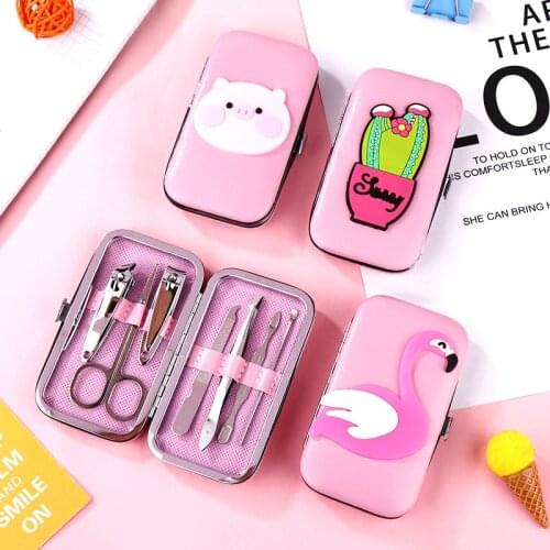 7pcs/set New Flamingo Pig Rabbit Cactus Manicure Nail Clippers Pedicure Set Pink Portable Travel Hygiene Kit Nail Cutter Tools