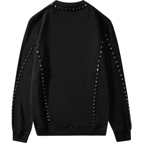 ABOORUN 2021 Mens Punk Rivets Sweatshirts Pure Cotton Black Pullover Hoodies for Male