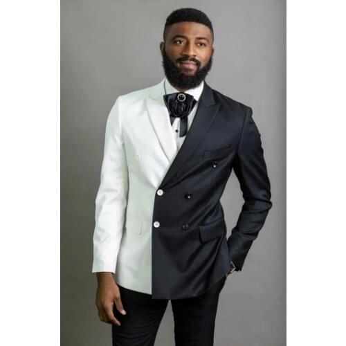 2020 Costume Homme Double Breasted Men Suits White and Black Groom Tuxedos Peak Lapel Groomsmen Wedding Best Man Jacket+Pant