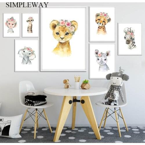 Nursery Canvas Wall Art Print Nordic Baby Elephant Lion Poster Floral Animal Painting Kids Children Bedroom Decoration Picture