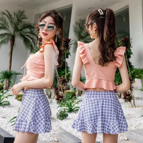 2021 New Korean Women Two-piece Lattice Bikini Suit Bathing Suit High Waist Swimsuit Swimwear Beach Wear Bikinis Set Swimskirt